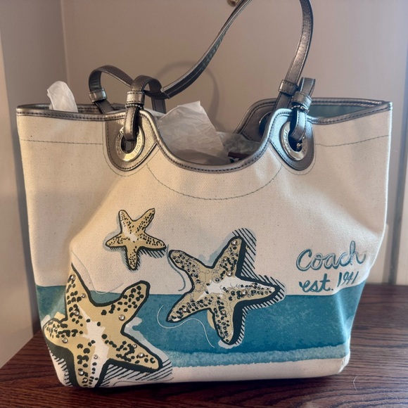 Coach Women's Starfish Canvas Tote Bag - Cream and Blue - Picture 1 of 13